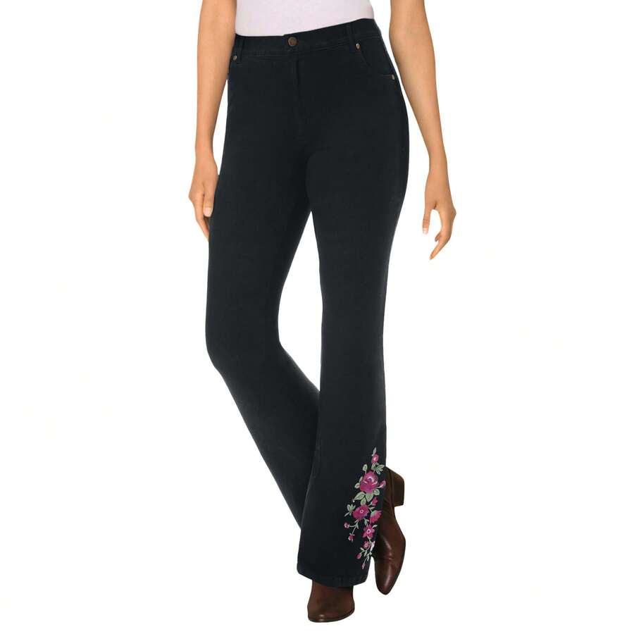 Woman Within Plus Size Tall Stretch Denim Five-Pocket Bootcut Jeans - BLACK BLOOM EMBROIDERY - View 1