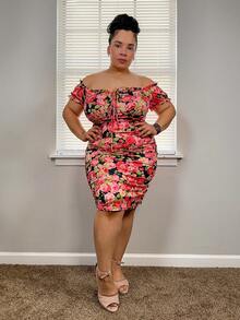 Hourglow Cardis.Ego Plus Size Strapless Ruffled Bodycon Allover Print Dress With Waist Tie, Elegant And Charismatic, For Summer, For Hourglass Body Shape - Multicolor - View 6