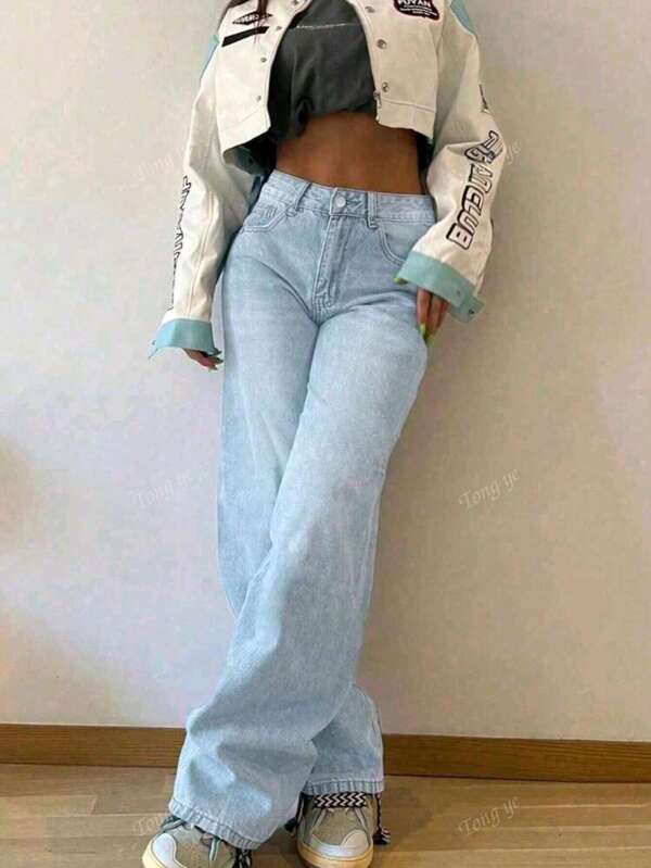 Pantalones vaqueros tipo Bermuda de tiro alto y pierna recta para mujer, pantalones vaqueros holgados de ajuste casual y de moda