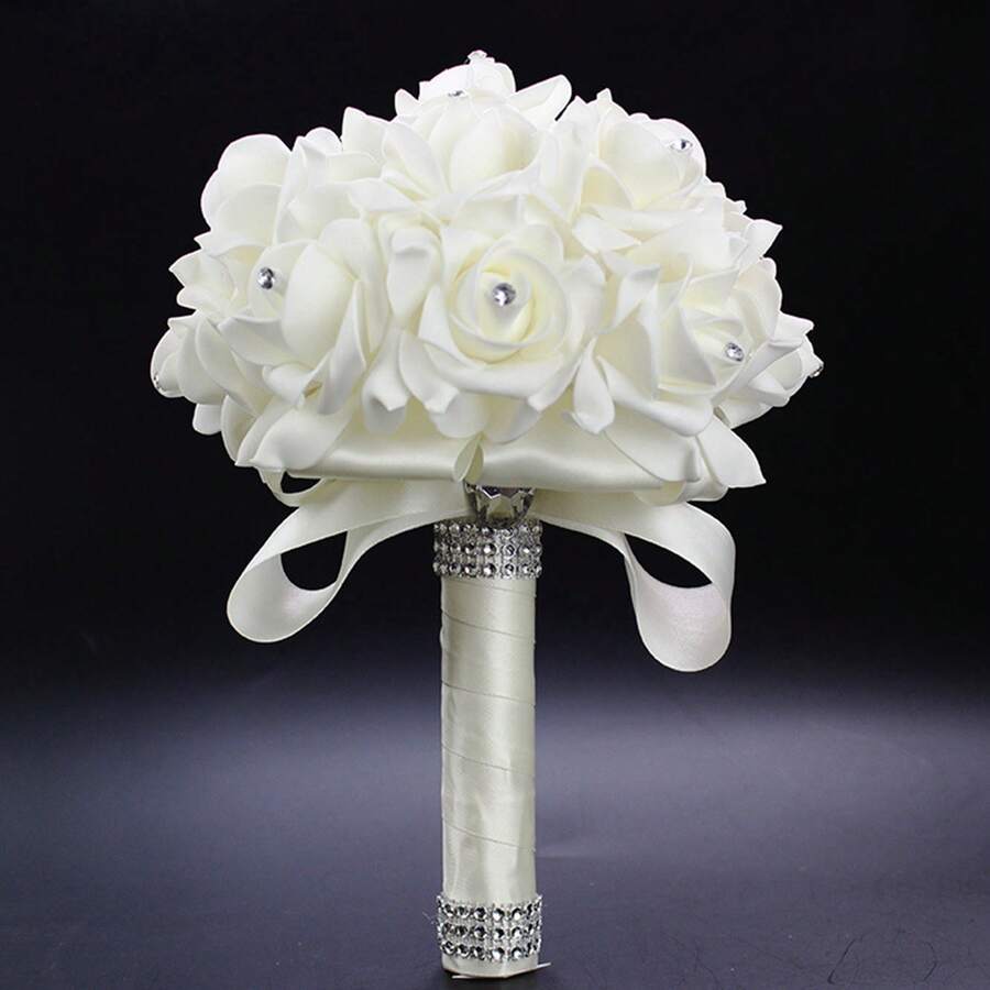 Artificial Wedding Bride Bouquet Handheld Bridesmaid Flower With Ribbon - Off-white - View 1