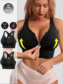 2pcs Sports Bras For Women Summer Gym Bra Seamless Wireless Bralette High Elastic Tank Tops Workout Training Removable Padding Zipper Racerback Running