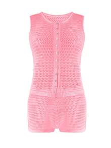 Conjunto de 2 piezas de mujer de verano con top corto sin mangas con hebilla, casual, hueco, punto y minifalda, con suéter sin mangas con botones abiertos, conjunto informal para vacaciones, primavera, verano y otoño - Rosa - Ver 3