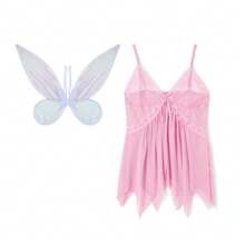Halloween Fairy Costumes For Adult Cosplay Costume Women Lace Floral V-Neck See Through Lingerie Cami Dress + Fairy Wings 2Pcs Halloween Outfits Nightwear Party Clubwear - 粉色 - 查看 4
