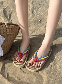 1 Pair Women Minimalist Style Flip Flops, Polyester Casual Thong Sandals With Drawstring Braided Design, Lightweight Summer Slippers, Teacher's Day/Mother's Day Gift