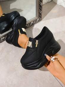 2025 Hot Selling Gold Foil Casual Sports Side Zipper Sequined Patchwork Platform Thick Sole Sports Shoes For Women, Suitable For Dancing, Square Dancing, Outdoor, All Seasons