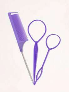 3pcs Hairband And Tail Comb Set, French Braid And Metal Needle Rat Tail Comb Hairstyle Design - Multicolor - View 6