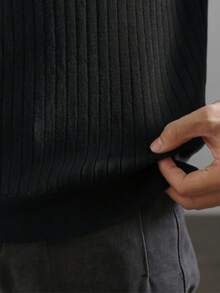 Men's Ribbed Knitted Polo Shirt With Short Sleeves, Summer - Black - View 6