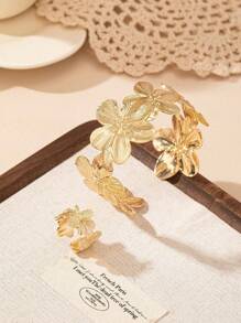 1 Set Vintage Geometric Floral Open Bangle Bracelet & Open Flower Ring, Elegant Chic Style Women Jewelry Set