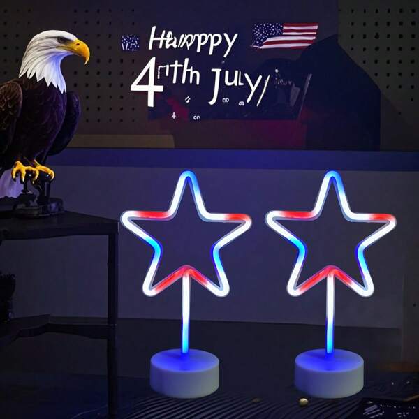 1pc LED Star Neon Light With Base, Red White Blue Desk Night Light, Decor For US Independence Day, Battery & USB Powered, Romantic Fairy Lamp For Home, Bedroom, Party