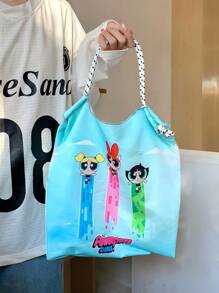 THE POWERPUFF GIRLS Japanese Style Versatile Cartoon Canvas Bag, Tote Bag For Women With Large Capacity, Shoulder Bag, Embroidered Beach Bag, Nylon Shopper Bag