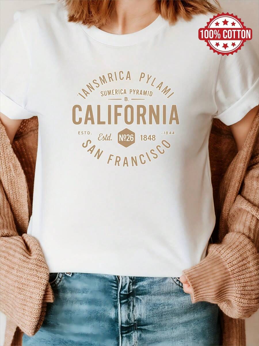 100% Cotton T-shirt | Shipped from Mexico | High-quality breathable fabric | Women's black and white loose short sleeve cotton print California San Francisco Est 1848 |Machine Washable|Crew Neck Casual Sport Top|Comfortable and Stylish| - Blanco - Ver 1
