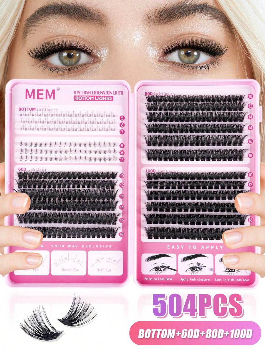 504pcs Eyelash Clusters, Lower Lashes +60D+80D+100D, DIY Eyelash Extension Faux Mink Lashes - Premium D-Curl Fluffy Natural Lash Clusters, Suitable For DIY Eyelash Extension - Reusable, Lightweight And Easy To Apply - D - 查看 1