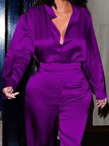 Conjunto de 2 piezas Blusa y pantalones de mujer de unicolor elegante, para otoño