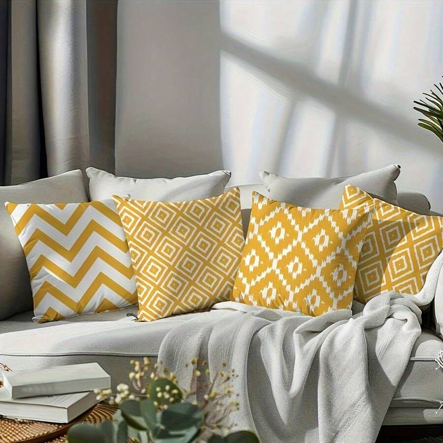 4件套现代几何图案抱枕套，低过敏性涤纶面料，可机洗，拉链封口，编织装饰靠垫套，适用于卧室沙发 - 黄白图案（不含枕芯）
