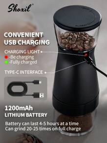 shoxil 1pc Electric Coffee Grinder, Portable USB Rechargeable Coffee Grinder, Large Capacity 60g Ceramic Burr Espresso Grinder, External Adjustment Coffee Bean Mill With 5 Precise Grind Settings, For Home, Office, Travel