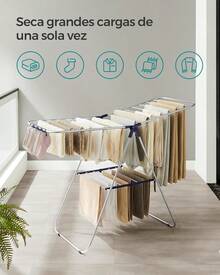 SONGMICS Tendedero de Ropa, con Pinzas para Calcetines, Perchero Metálico para Ropa Sucia, Plegable, Alas Ajustables, Plata y Azul MLLR52BU - Negro - Ver 7