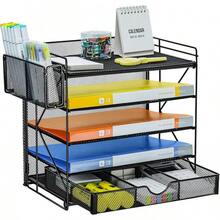 Caja de almacenamiento de escritorio, bandeja de crédito de papel de 5 niveles, organizador de archivos de escritorio con clasificador Vertical adicional de archivos, cajón deslizante y soporte para bolígrafos - negro 1 - Ver 9