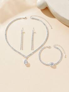 4 件套多功能水钻水滴吊坠项链、耳环、手链首饰套装，适合女士、派对佩戴