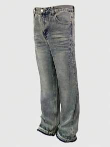 Blugi minimalisti de înaltă calitate pentru bărbați, spălați cu apă, cu mustăți de pisică și margini brute, pantaloni casual cu picior mic și drept, potriviți pentru toate anotimpurile