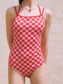 Women's Simple Plaid Halter Neck Tied Detachable Design Sporty One-Piece Swimsuit, Suitable For Youth & Teenagers, Casual Activewear