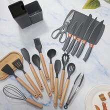 Silicone Kitchen Utensil Set - 19pcs Cooking Utensils Set With Turner Spatula Spoon Ladle Tongs Knives For Non-Stick Cookware, Heat Resistant Kitchen Utensil Set With Knives