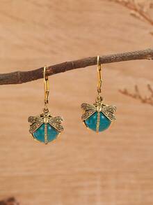 1 对时尚复古蜻蜓绿水晶吊坠耳环，迷人珠宝波西米亚耳环，适合女士派对