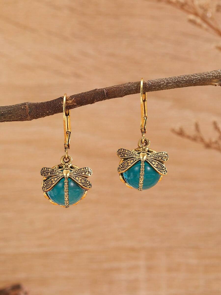 1 对时尚复古蜻蜓绿水晶吊坠耳环，迷人珠宝波西米亚耳环，适合女士派对