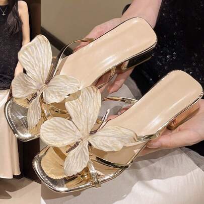 2025 Summer New French Thick Heel Mirror Gold Sandals, Fashion Versatile Gold Butterfly Flower 3D Strap Fairy Style Elegant High Heel Slide Sandals For Women