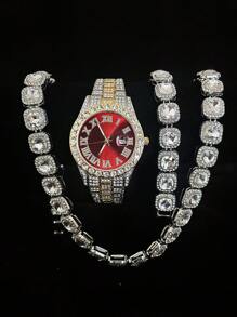 Conjunto de 3 piezas de reloj, collar y pulsera con Rhinestone, Reloj con correa de acero, calendario y caja de regalo para hombres y estudiantes, estilo hip-hop, conjunto de joyería de collar, pulsera y reloj de cumpleaños