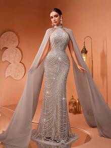 New Luxury Fashion Sequin, Sequins, Lace Splice Chiffon Flare Sleeve Crew Neck Women's Elegant Formal Evening Gown For Party, Wedding, Banquet (Size Runs Large, Customers Advised To Check Size Chart When Ordering) - Màu be - Xem 1