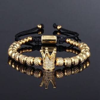 1 Pc Luxury Stainless Steel Crown Decor Braided Rope Bracelet, Suitable For Daily Wear, Can Be A Gift For Boyfriend, Friend, Birthday Party