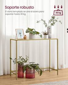 Mesa de Consola, Mesa de Entrada, Extremo del Sofá,35 x 100 x 80 cm, Tablero de Vidrio Templado, Marco de Metal, Patas Ajustables, para Salón, Entrada, Pasillo, Dorado Pálido y Transparente - Dorado - Ver 2