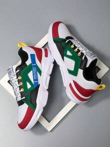 Zapatillas deportivas de hombre de estilo casual con estampado de letra, color contrastante, cómodas y de suela baja. Calzado de moda con parches de malla y cordones para adolescentes y streetwear. - blanco rojo - Ver 6