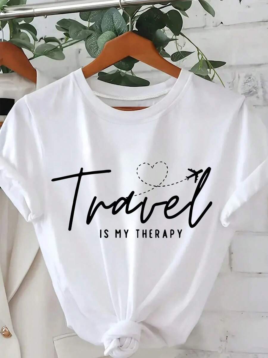 Women's Cotton T-Shirt, "Travel Is My Relax" Letter,Airplane & Heart Print,White Loose Round Neck Short Sleeve Tee,Breathable For Summer Daily Wear - 白色 - 查看 1