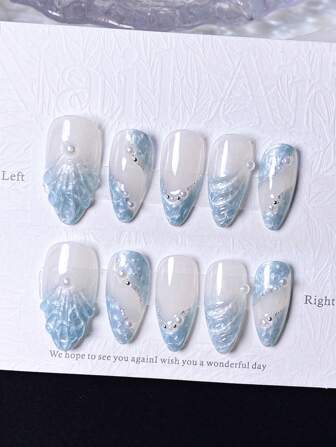 10 piezas Pegatinas decorativas de uñas con olas del océano azul vibrante y perlas de estilo elegante y encantador de fiesta Y2K, suministros de uñas