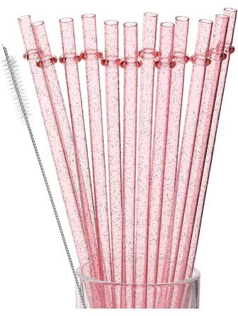 12 unidades de pajitas de plástico reutilizables - Pajitas largas y duras de color rosa con decoraciones parpadeantes, compatibles con los vasos y tazas de 30 onzas de