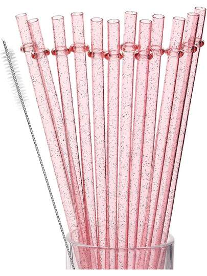 12Pcs Reusable Plastic Straws - Colorful Pink Long Hard Cup Drinking Straws With Flashing Decorations, Compatible With Stanley 30 Oz Cup Tumbler