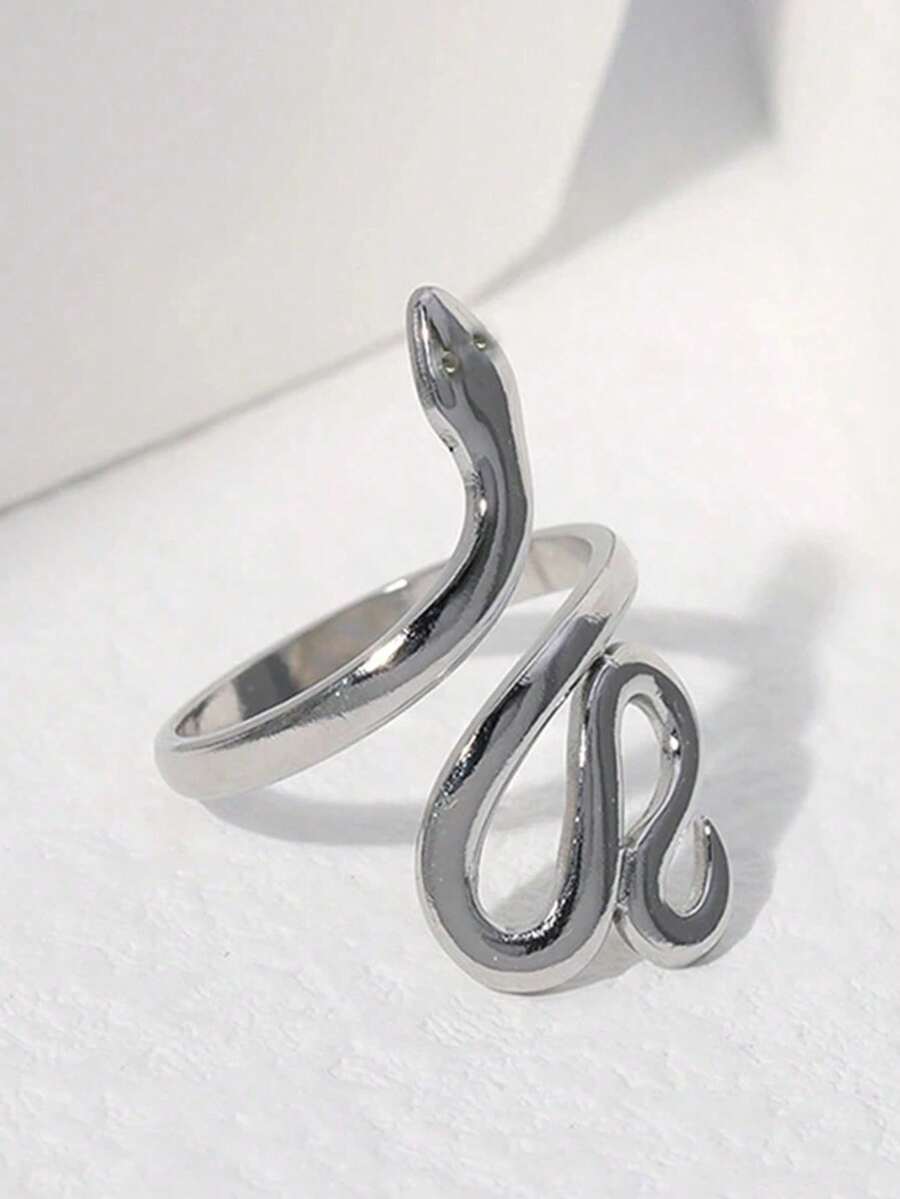 1pc Women's Stainless Steel Snake Shape Open Ring - Silver - View 1