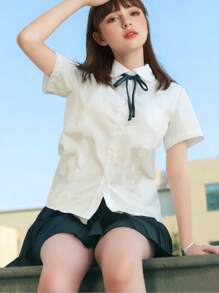 1pc Japanese School Uniform Style All-Match Loose Short Sleeve Shirt And Pleated Skirt Set, Flattering & Versatile, Suitable For Graduation Season, Photo Shoot Halloween