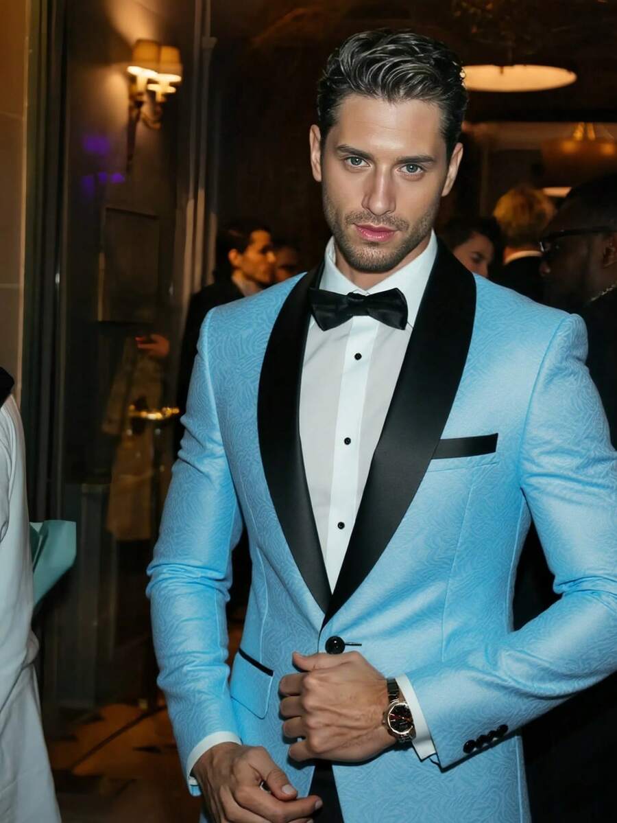 Men's Two-Piece Business Tuxedo Suit With Double-Row Buckle Fit Design, Ideal For Formal Business Occasions Or Weddings, Includes Jacket And Trouser - 藍色 - 查看 1