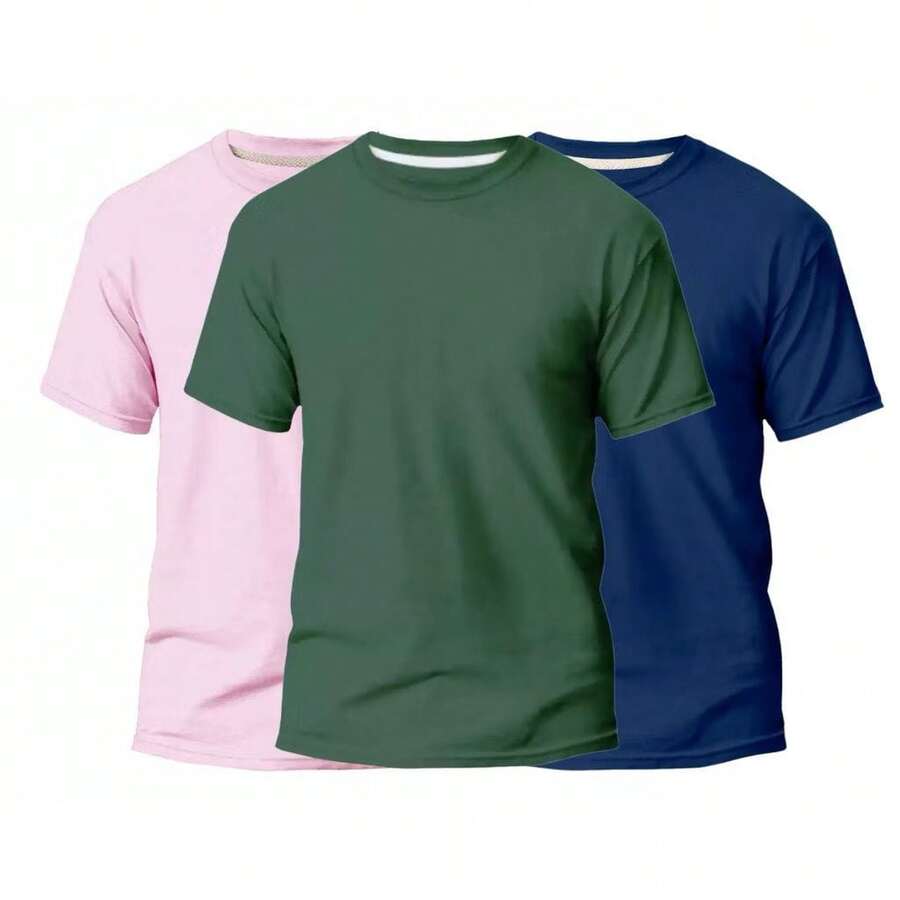 KIT 3 Basic Plain Men's T-Shirts 100% Cotton 30.1 - 淡粉紅色+綠色+海軍藍 - 查看 1
