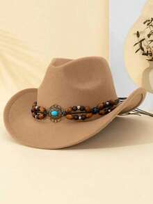 1 件西部牛仔帽，配有可拆卸蓝绿色宝石串珠饰边，涤纶毛毡翻边高顶礼帽，四季轻便男女通用时尚帽 - 适合户外活动、派对、日常穿着，编织无纺布 - 串珠寶石牛仔帽 - 查看 2