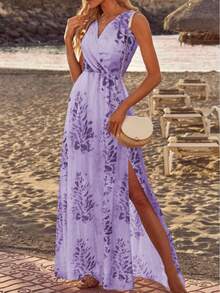 Vestido largo de verano con estampado floral, cuello en V, sin mangas, con abertura lateral para mujer - Boho, vacaciones, vestido de verano, boda, vestidos de vacaciones para mujer, Old Money, traje de San Patricio, vestido de Pascua para mujer, vestido escotado por detrás, atuendo de vaquera, vestido de novia - Morado - Ver 9