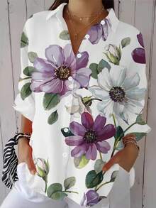 2025 New Vintage Floral Print Simple Button-Down Long Sleeve Shirt, Casual Holiday Style, Women Spring/Summer White Vacation - White - View 4