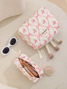 3pcs/1pc Quilted Bowknot & Rose Design Makeup Bag, Fashion Portable Cosmetic Pouch, Pink Makeup Case, Multi-Functional Organizer Bag, Large Capacity Cute Toiletry Bag, Travel Organizer, Mini Brush Holder Handbag, Printed Wash Bag For Lipstick, Brush, Skincare, Phone, Coins, Small Items, For Home, Gift, Holiday And Festival Like Halloween, Christmas