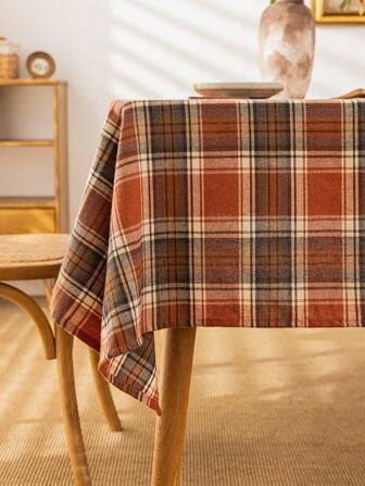 1件锈红色格子方形桌布，农舍风格餐桌罩，涤纶材质，适用于厨房、餐厅和圣诞装饰