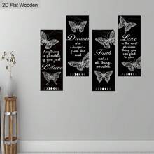 4 Pc Black Butterfly Square Wooden Wall Decor Set - Believe Dream Faith Love Symbol - Suitable For Living Room, Bedroom, Classroom, Bar, Cafe, Party Wall Hanging Decor, Holiday Gift