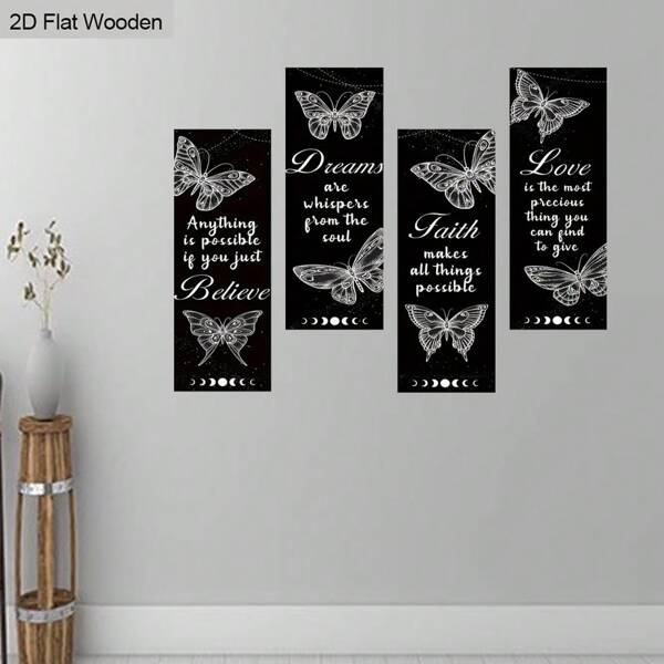 4 Pc Black Butterfly Square Wooden Wall Decor Set - Believe Dream Faith Love Symbol - Suitable For Living Room, Bedroom, Classroom, Bar, Cafe, Party Wall Hanging Decor, Holiday Gift