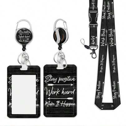 1 套（1 个伸缩徽章卷轴 + 1 个挂绳 + 1 个卡夹）黑色背景停留箭头徽标徽章夹套装，伸缩 ID 徽章夹，挂绳，适合教师、护士、办公室使用、教师节、护士礼物、学校用品、返校