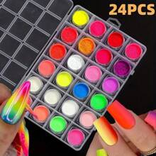 24 Farben Neon-Leuchpuder Geschenkbox-Set aus Harz, Leuchtpulver zum Selbermachen für Nail-Art Deko, Wasserfarben-Nagellack-Bemalung mit Glitzer, lang anhaltend glänzende Nageldekorationen - Nagelstudio für Zuhause
